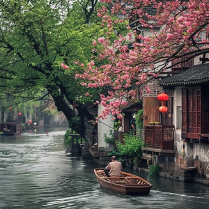 In the water town of Jiangnan, the ancient crabapple trees on the riverbank are full of colorful flowers. The houses in Jiangnan style allow people to walk along the riverbank in raincoats to work or go home. The boatman drove his small wooden boat along the flowing water. It's spring now, and the weather is rainy. Green plants and flowers have just emerged. You can also see traffic lights next to these houses. This photo was taken up close and has a high resolution, which is the style of traditional Ch