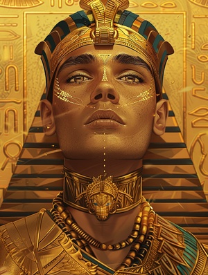 stock photo of the pharaoh, detailed illustration in the style of James Jean and in the style of Hajime Sorayama in golden color, a handsome young Egyptian man wearing ancient royal adorned with gold jewelry on his head, neck and arms, golden eyes and dark hair, one eye closed, closeup shot of face, half body portrait, golden background, text written below.Medium fullbody shot, fine art print, high resolution, high detail, hyper realistic