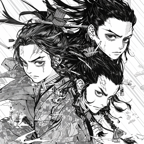 《鬼灭之刃》角色涂鸦页面，Nezuko、Kyojuro和Tanjiro叠加