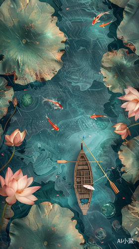 Boat and Blooming Lotuses in Rainy Lotus Pond