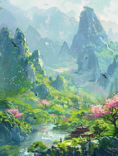 清明节💌 Midjourney 万能提示词公式：主题描述（修饰词+主体+场景+人物动作）环境场景（环境+光线+氛围+色系）艺术风格（国潮插画油画+艺术家名字+电影风格）像机视角（特写镜头，鱼眼镜头，一点透视，广角镜头）精度定义（高品质，超级细节，8K，尺寸）prompt 例如：Traditional Chinese pattern background, heavy rain in the rainy season, flying swallows, distant mountains and rivers, a doll riding on the back of a buffalo, blooming flowers on a small house at the foot of the mountain, light green gradient sky, the overall color scheme is mainly green and gold. The illustration style has delicate lines and smooth curves, giving it a s