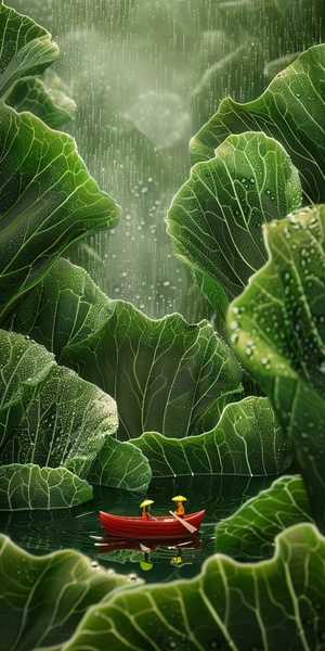 Imagine an expansive , dew - filled terrain where colossal bok choy leaves rise like lush green skyscrapers in a verdant metropolis . In the foreground , a small red boat with two tiny adventurers is rowing across a reflective water surface that seems vast and lake - like due to their miniature perspective . The leaves , with veins like roadways and water droplets like morning mist , create a fresh , organic cityscape . The boat is detailed and vibrant , contrasting with the monochromatic green of the bok c