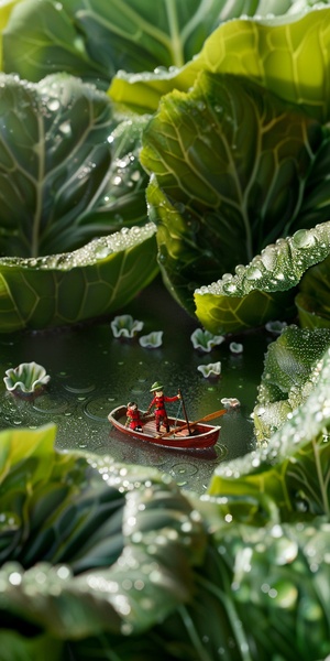 Imagine an expansive , dew - filled terrain where colossal bok choy leaves rise like lush green skyscrapers in a verdant metropolis . In the foreground , a small red boat with two tiny adventurers is rowing across a reflective water surface that seems vast and lake - like due to their miniature perspective . The leaves , with veins like roadways and water droplets like morning mist , create a fresh , organic cityscape . The boat is detailed and vibrant , contrasting with the monochromatic green of the bok c