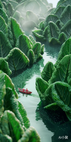 Verdant Metropolis: Tiny Adventurers Rowing Through Bok Choy Skyscrapers