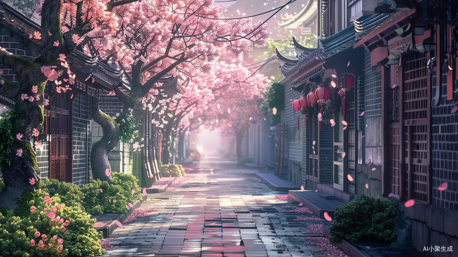 超清画质下的粉色春日清新小巷中的桂花树