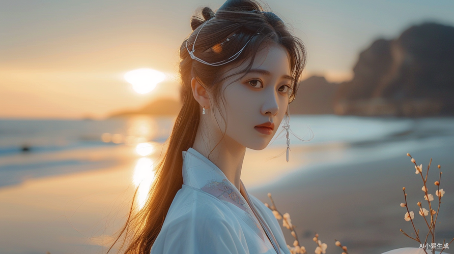 中国风美女漫步金色沙滩-太阳天空多云8K大片