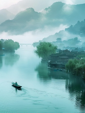 烟雨江南：云雾弥漫、迷离的水上世界，静谧的村庄沉浸在轻纱般的薄雾中，小舟缓缓航行于涟漪纹动的翠绿水面。柳树婆娑，湖光山色隐约可见，水乡独特的建筑风格以及古朴的石桥与纱帐交相辉映。细雨滴落在青石板上，荷叶上的露珠闪烁着微光。一位渔夫撒下渔网，凝望着水中的期待。远处的山峦如画，落日余晖透过云层洒在远方，给人一种恬静、悠然的感觉。