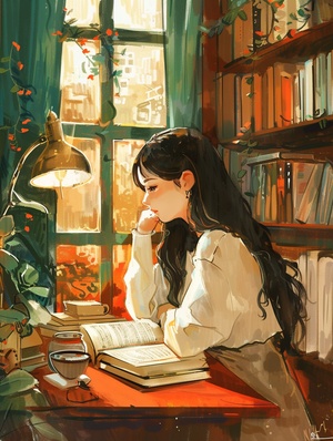 a lady sits at a table of her desk with books and a lamp next to her, in the style of kawaii art, warm color palette, green academia, i can't believe how beautiful this is, romantic illustrations, realistic brushwork, red and orange ar 46:45 style raw stylize 50