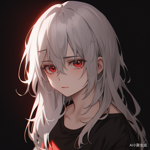 Black and White Anime Boy with Red Eyes in a Sad Expression