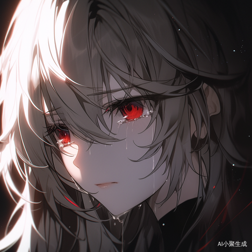 Black and White Anime Boy with Red Eyes in a Sad Expression