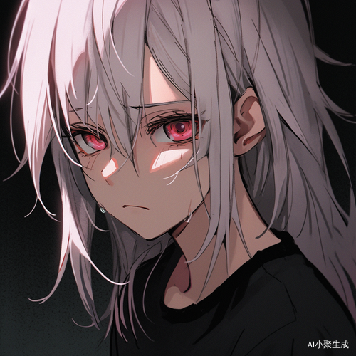 Black and White Anime Boy with Red Eyes in a Sad Expression