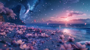 The picture is transparent, a silvery white big crescent is scattered on the beach with the Milky Way stars, there are many fuchsia and blue peaches floating on the beach, fuchsia and blue peach blossoms, many fuchsia and blue Peaches Floating on the Sea Flower, Silver, Ultra Wide, Unreal Engine, dream,smoke,HD, ar 9:16 q 5