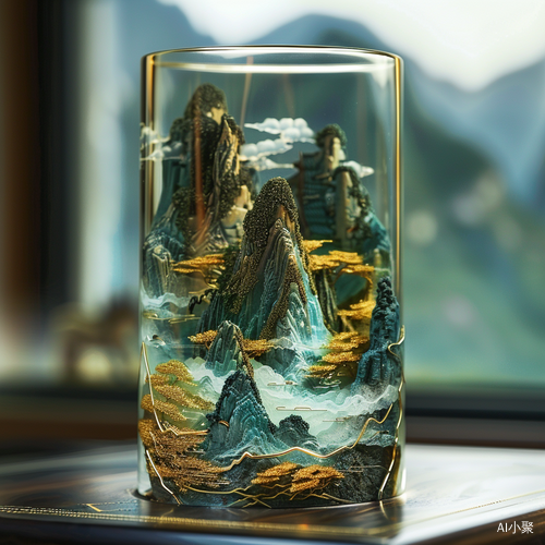 Miniature Chinese Landscape in Glass: 3D Stereo Effect with Blue and Green Colors