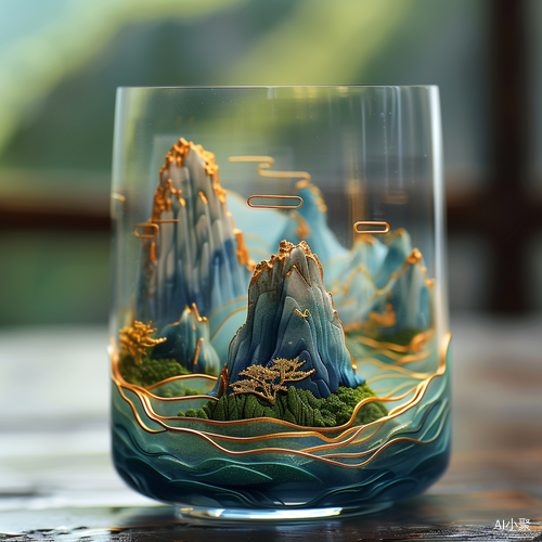 Miniature Chinese Landscape in Glass: 3D Stereo Effect with Blue and Green Colors