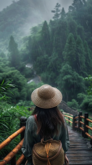 一身青衣的头戴斗笠古装女子背影，走在山间小路上，有桥，有竹林，有高山雨雾缭绕，画面突出宁静，回归自然古朴感