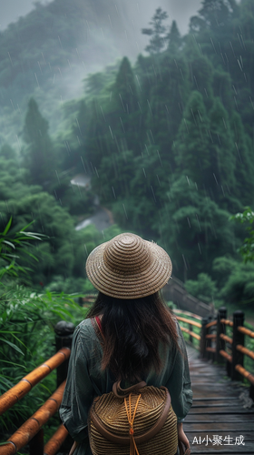 宁静古朴的青衣女子在山间小路上行走