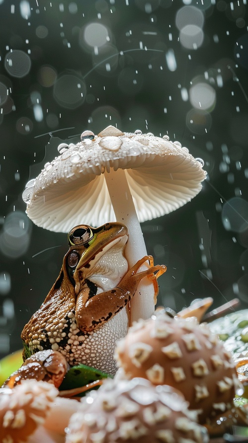 一只青蛙，举着一朵纯白色的蘑菇，太阳雨，雨水飞溅，晶莹剔透，微距镜头，超近景，景深，太阳光，自然光，侧光，轮廓光，高清，摄影，真实照片，徕卡镜头，高感光度，聚焦，大师杰作，令人惊叹