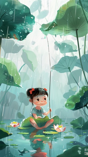 prompt: A super cute little girl is sitting by thepond fishing, it's drizzling slightly, and the girl isholding a lotus leaf, Big and divine eyes, grinning,creating a pleasant and relaxed atmosphere, lotus leaf,The background is filled with many large leaves,children illustration, cartoon style, delicate details, 16k