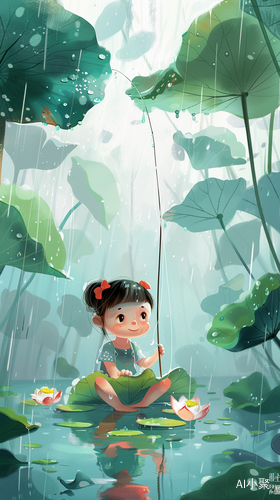 Delightful Scene of a Cute Girl Fishing by the Pond