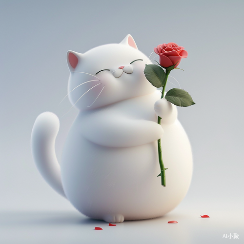 Cute Fluffy Chubby Little Cat with Rose in Mouth - Exaggerated 3D Figures and Minimalist Cartoon Style