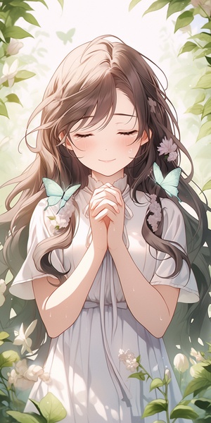 A cute girl meditates, hands folded in prayer, wearing white , with beautiful long hair, surrounded by flowers and butterflies. The art style is cartoon-like, with a simple background, in the anime art style, with delicate lines and soft colors. The image has a light depth of field and mysterious atmosphere. The posture is calm, with a high definition resolution of 32K, in the style of L matcha.