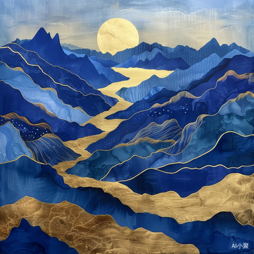 Meticulous Landscape Painting with Golden Lines and Blue Mountains