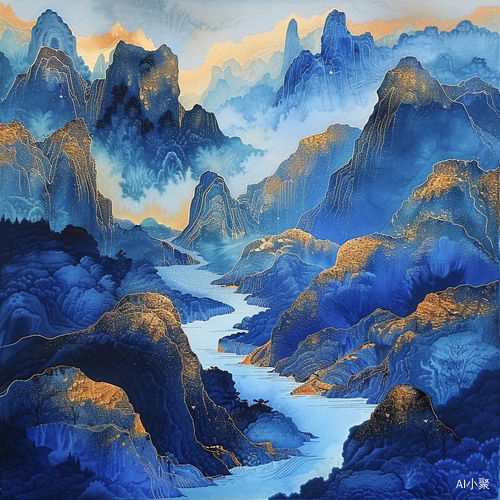 Meticulous Landscape Painting with Golden Lines and Blue Mountains