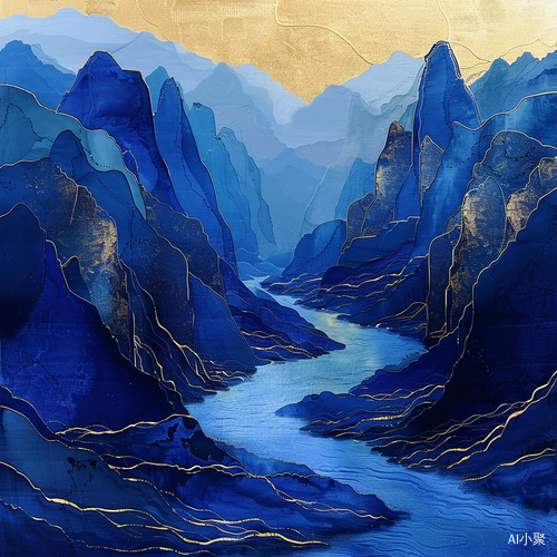 Meticulous Landscape Painting with Golden Lines and Blue Mountains