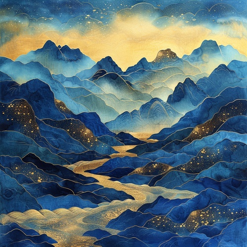 New Chinese style, meticulous landscape painting with golden lines, blue and gold colors, the river passing through the blue mountains forms an obvious number 2 ar 9:16 stylize 50#画画的日常 #人工智能艺术 #我和AI有话说 #生成艺术 #AI生成 #midjourney咒语 #Midjourney咒语 #midjourney #midjourney学习 #midjourney关键词 #mj #mj关键词 #mj咒语 #AIGC #小红署 #艺术署