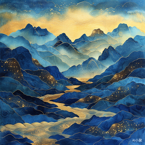 Meticulous Landscape Painting with Golden Lines and Blue Mountains