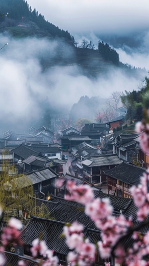 人间仙境，贵州古镇，竹子，柳树，云海，云端的美，贵州小镇，桃花朵朵，雾蒙蒙的背景，广阔视野，色彩饱满，超高清，超细节唯美风景，超高清超广角，