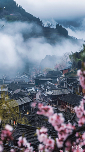 贵州古镇的云海背景下，超细节唯美风景