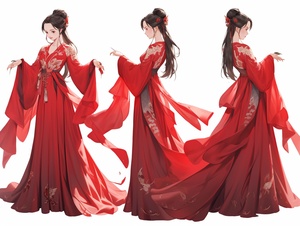 Full body, peony flower goddess, she is wearing a red hanfu with a peony on her head, elegant, vivid facial expressions, three views, generate front view, side view and back view three views, maintain consistency and unity, white background, best quality, 4k, rendering, best quality, super detailed super cute girl, best quality,