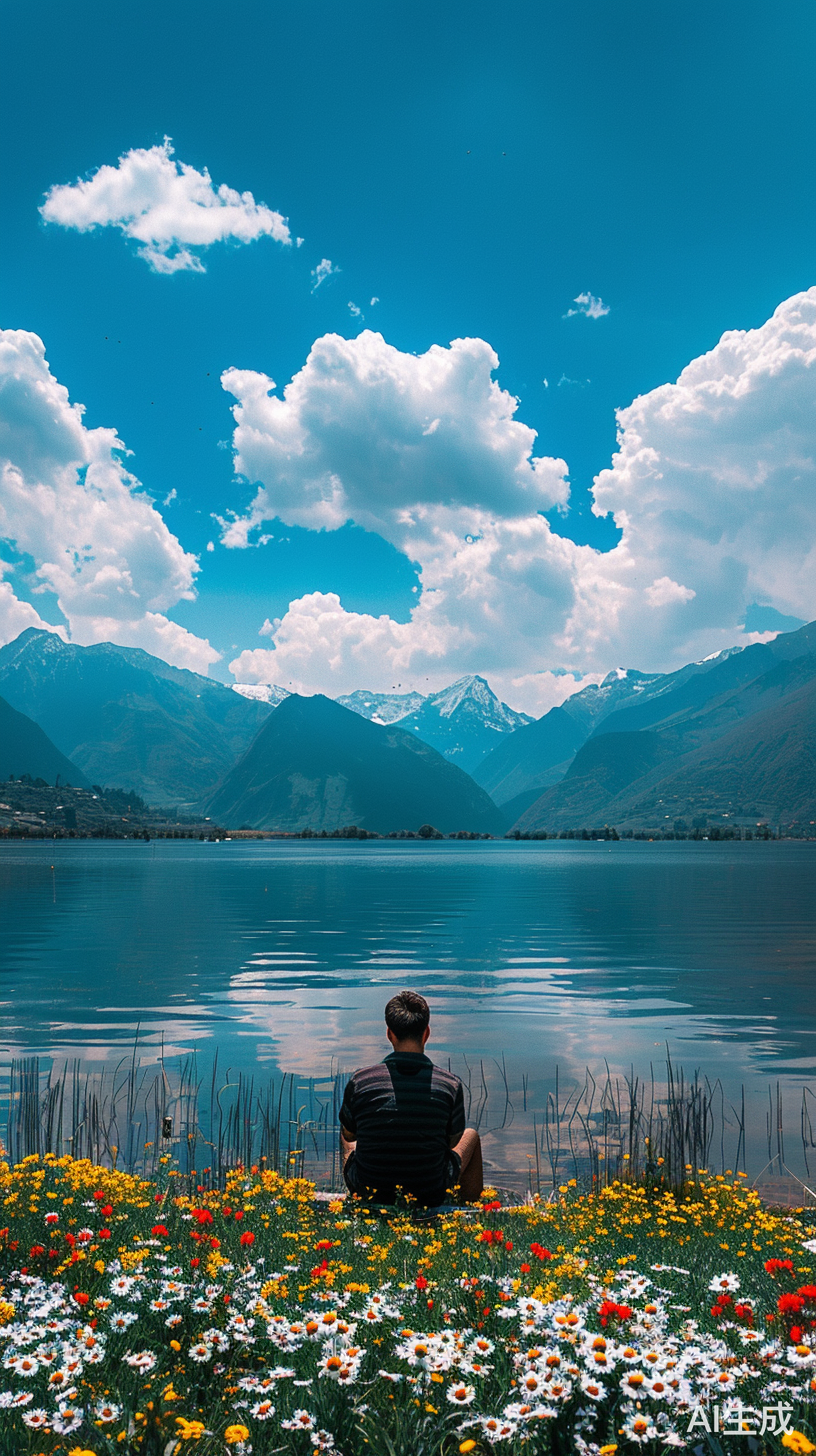 一个帅哥坐在湖边，湖边长满鲜花，远处有山，天空蓝天白云