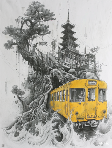 A pencil drawing of an old yellow and white train at the fore ground, with the background a black and white sketch depicting Chinese pagodas emerging chaotically from sea water in the style of fantasy art, white paper features ink line work with white space around drawings, including giant tree roots rising throughthe sky in a highly detailed fantasy concept depictingarchitecture design.