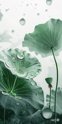 A curved lotus, two lotus leaves, tilted, super clean white space, Chinese painting style, Zen mist, water drops, misty wonderland, multi-angle shooting, the lens is on the lotus, photographer: Akira Kurosawa,inspiration From Takashi Murakami