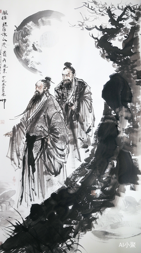 明朝服饰，水墨，两个男性神尊，双尊降祥瑞,全景,仰视，极简，