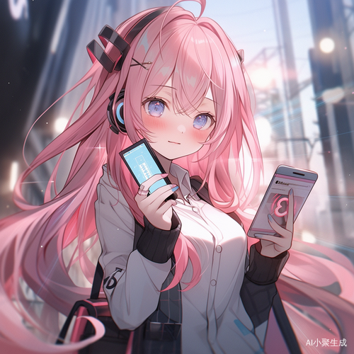 美少女,高,瘦,粉发,长发,看向屏幕,完美的脸,开心，校园，可爱一点