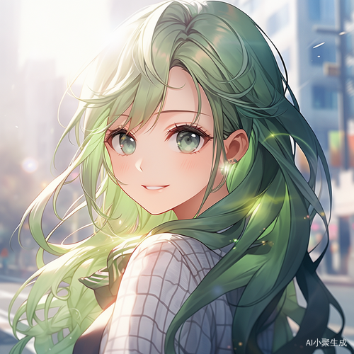 美少女,高,瘦,长发,干净的脸,完美的脸,看向屏幕,兴奋，绿色的头发，城市早晨