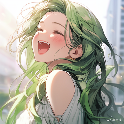美少女,高,瘦,长发,干净的脸,完美的脸,看向屏幕,兴奋，绿色的头发，城市早晨