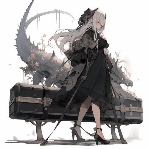 1girl,dress,long hair,solo,gloves,black footwear,black dress,fingerless gloves,tail,grey hair,cane,bow,standing,black gloves,elbow gloves,choker,bare shoulders,suitcase,coffin,holding,demon tail,ribbon,full body,cross,thigh strap,holding cane,shoes