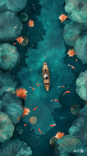 Overhead view of a boat in a lotus pond, drizzling rain Many large lotus leaves and blooming flowers on both sides People rowing a small wooden boat travelling in a lotus pond Red fish swimming around Beautiful illustration in Chinese painting style Using fantasy art style, peacock blue, haze blue Brushstrokes, aerial perspective, ultra realistic. Brushstrokes in ink painting style, high resolution