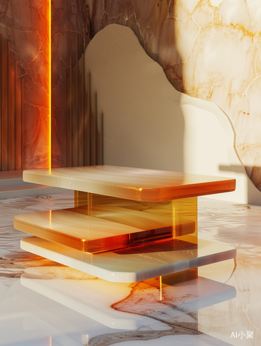 Picture a coffee table design by Designboom. This futuristic piece features a bold color block design, highlighting a Han dynasty influence. Showcase it against a simple, light luxury backdrop with cinematic lighting. Render it in 3D, capturing every texture-rich detail in 16K resolution. ar 3:4