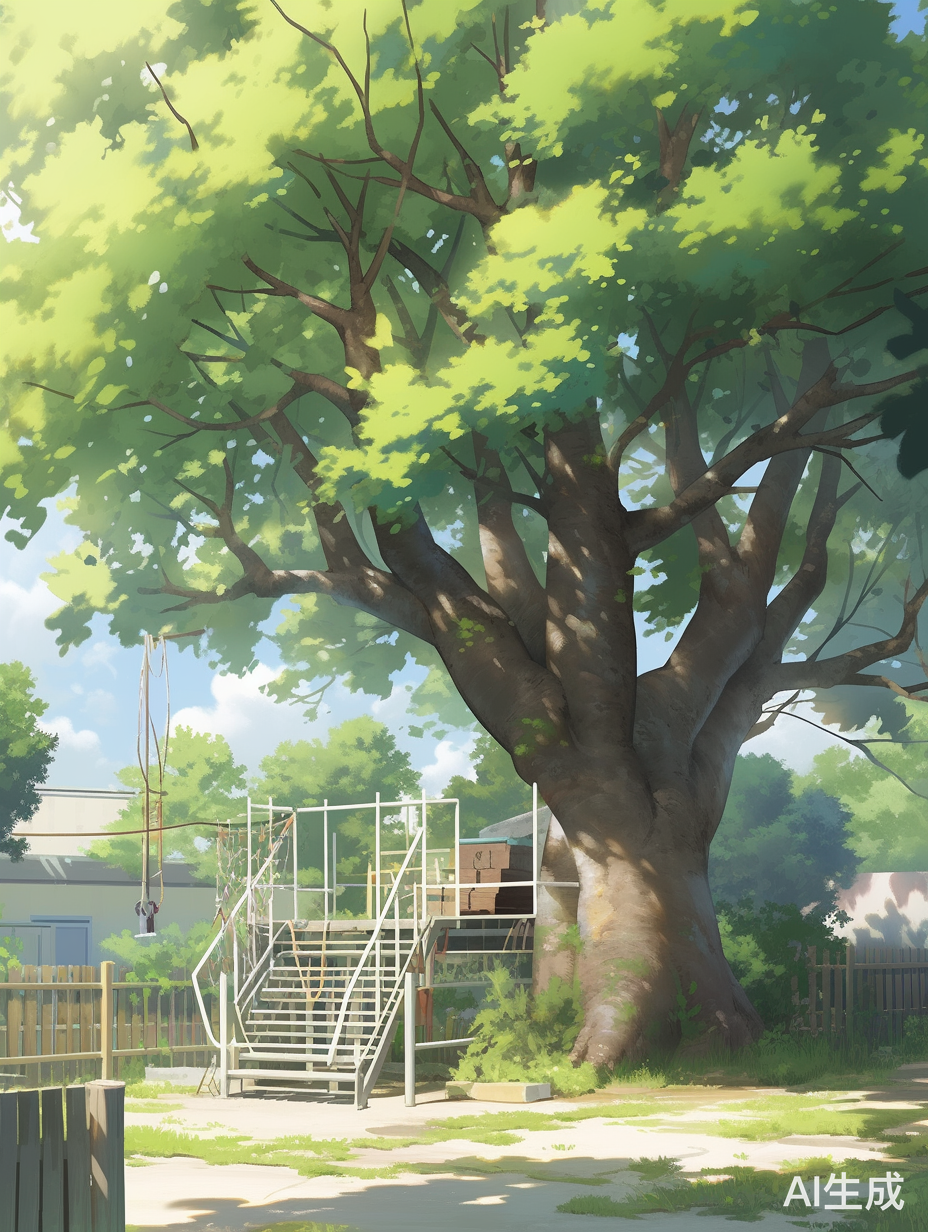 操场旁边有一棵绿色的参天大树