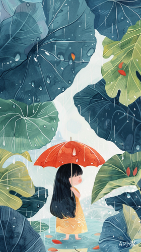 An enchanting depiction of the The rains Chinese solar term festival,spring, A little girl with an umbrella, long black hair, in a dress, behind her are large leaves with rain on them, on a rainy spring day, leaves,fairytale,watercolor painting, sense of light,fairytale fantasy, bright background, Artwork, flat illustration,Victo Nqai style, 16k,super detailed