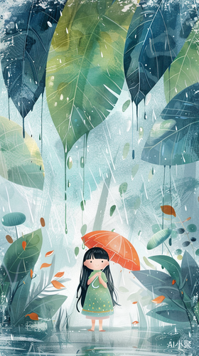 An enchanting depiction of the The rains Chinese solar term festival,spring, A little girl with an umbrella, long black hair, in a dress, behind her are large leaves with rain on them, on a rainy spring day, leaves,fairytale,watercolor painting, sense of light,fairytale fantasy, bright background, Artwork, flat illustration,Victo Nqai style, 16k,super detailed