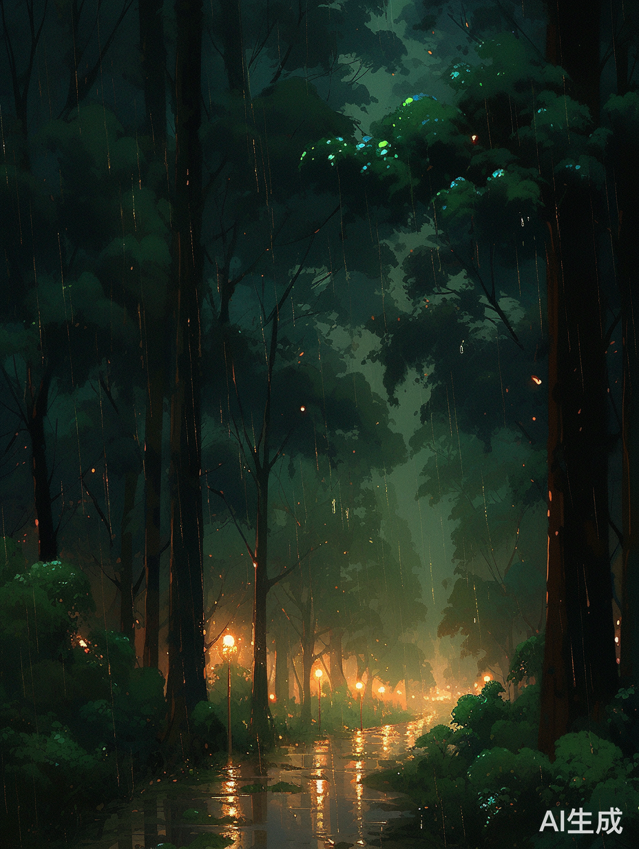 夜晚大雨中的绿树