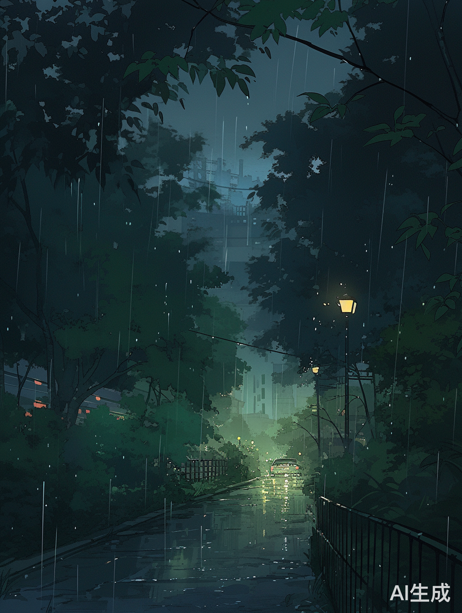 夜晚大雨中的绿树