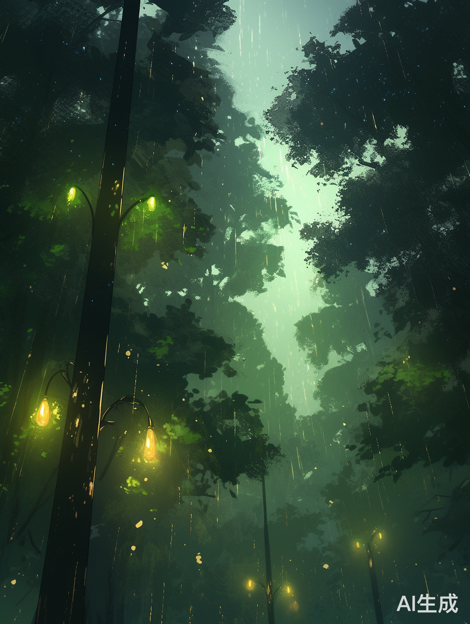 夜晚大雨中的绿树