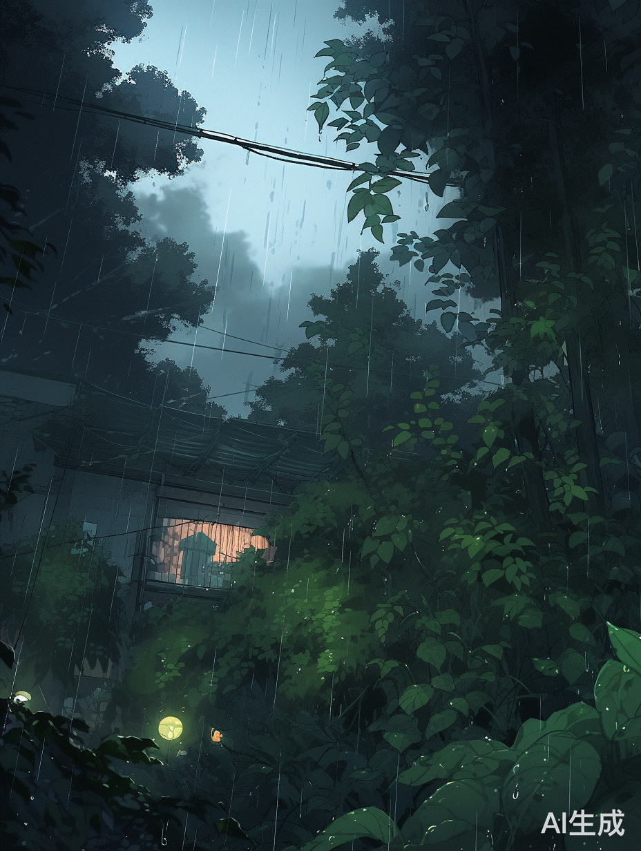 夜晚大雨中的绿树